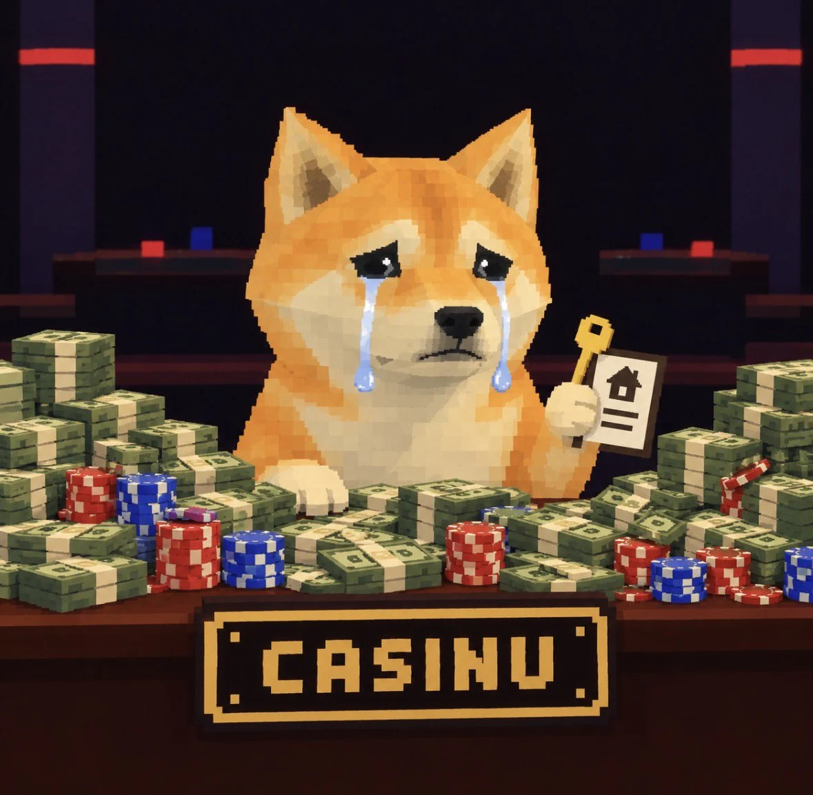 Crying pixel-art Shiba surrounded by money and chips