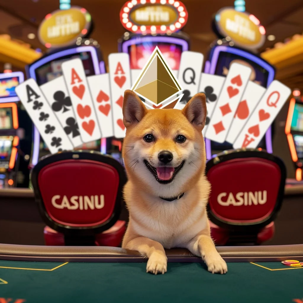 Smiling Shiba Inu at a casino table