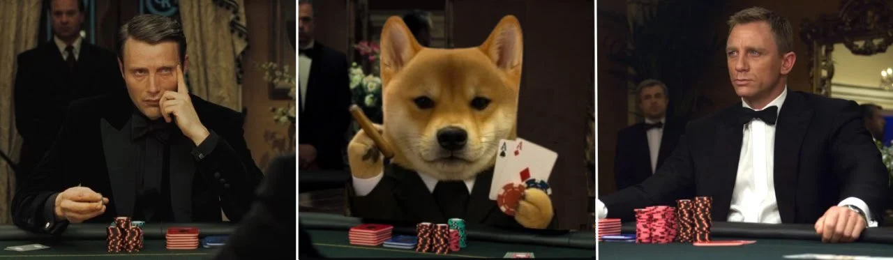 Cinematic poker scenes with Doge seated among the players